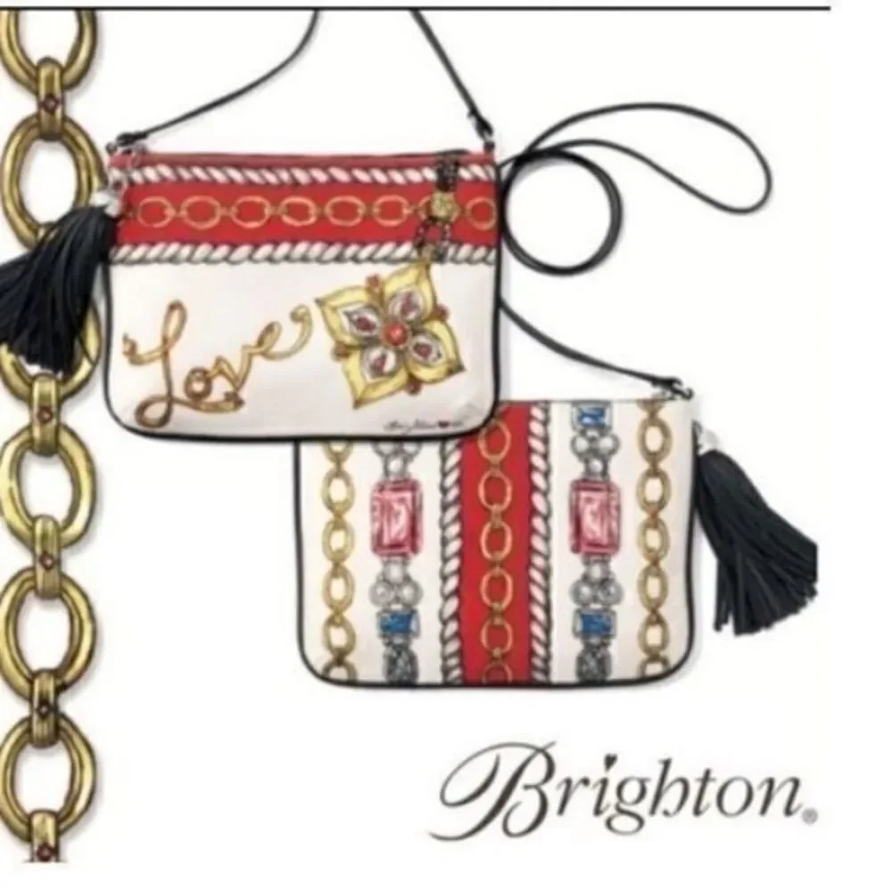 Brighton Women’s Small Crossbody Glitter and Go Pouch White Red with Tassel - Picture 3 of 16